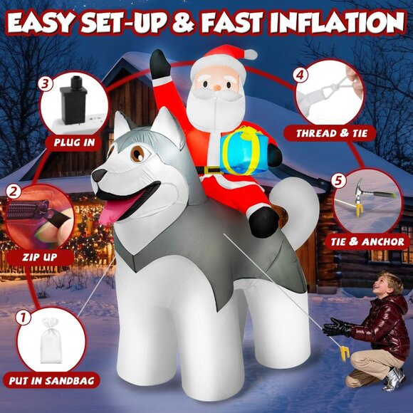 🆕8×7FT  Christmas Inflatable Santa Riding Husky Dog Outdoor Decoration - Picture 6 of 8